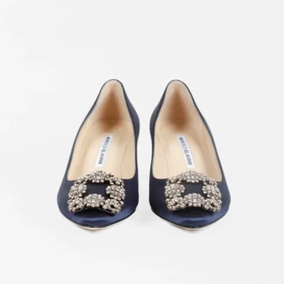 Manolo Blahnik Hangisi Blue Satin Jewel Pumps - Picture 3 of 11